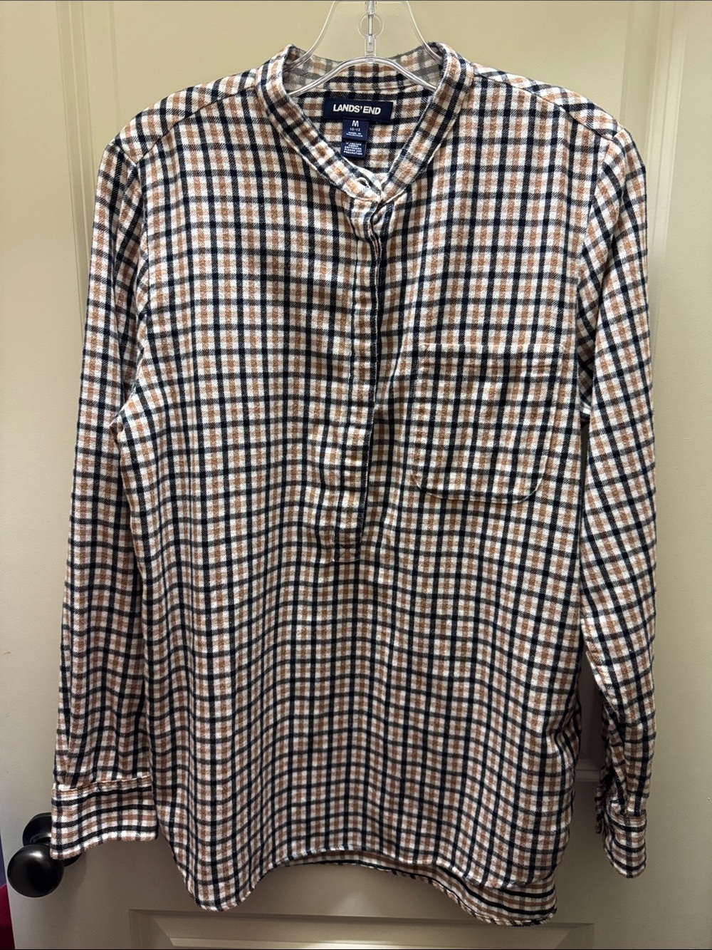 Lands' End Black, Tan and White Plaid Band-Collar Button-Down Shirt